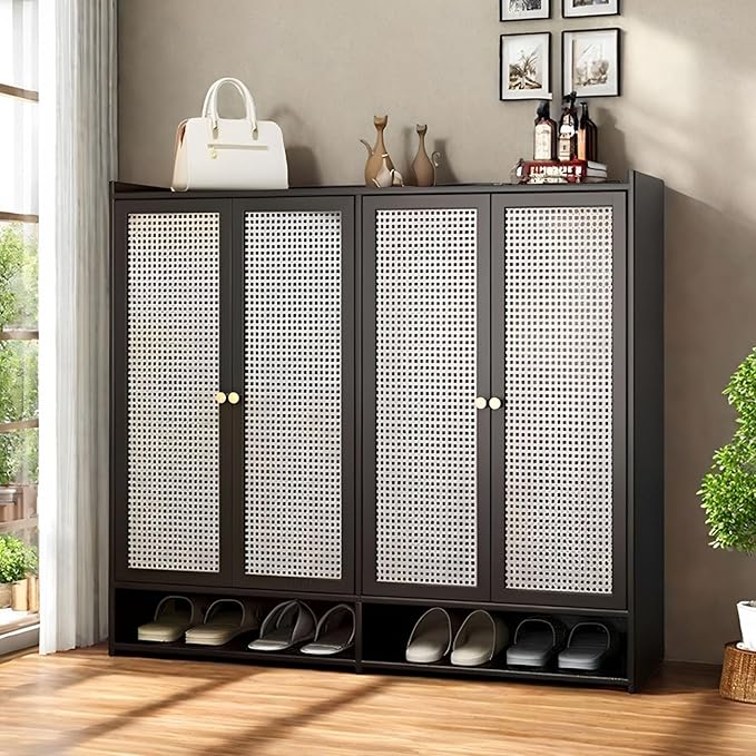 Bamboo Shoe Cabinet, 8-Tier Shoe Storage Cabinet with Doors, Freestanding Bamboo Shoe Rack Organizer with Shelves for Entryway, Hallway, Closet, Living Room (Black)