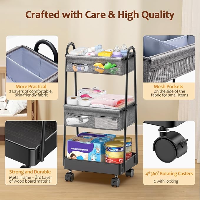 3 Tier Rolling Cart - Baby Diaper Caddy Organizer, 3 Tier Utility Cart Newborn Baby Nursery Essentials, Large Capacity, Easy to Assemble, Storage for Bedroom, Changing Table & Crib