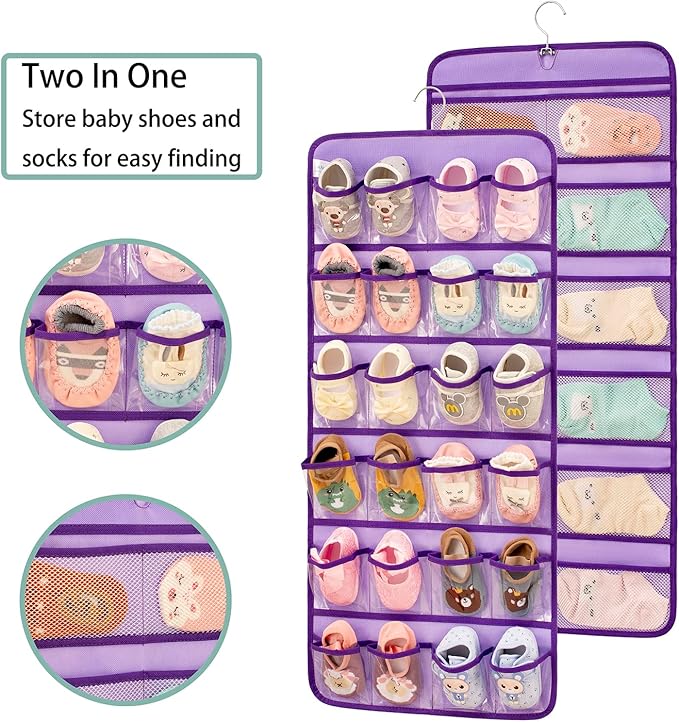 Dual-sided Hanging Baby Shoes Organizer Closet Toddler Shoe Storage Holder for Kids Bow Socks Underwear (PURPLE)-NeatNest