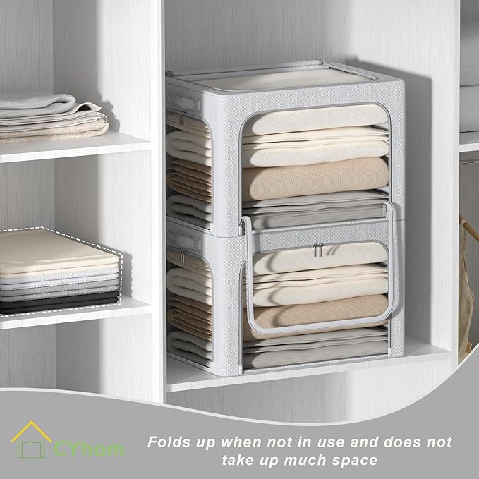 3 Openings Clothes Storage Bins Box - 3Pack Stackable Foldable Storage Bin - Metal Frame Storage Box Clothing Storage Organizer with Clear Window, Carry Handles (66L-19.7x15.7x13in, Light Grey)-NeatNest