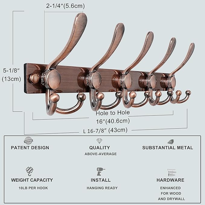 Dseap Coat Rack Wall Mount 2.0 Pro: Heavy Duty 300% Thicker, 16" Stud Mount, Stainless Steel Wall Coat Hooks Hanger for Clothes Jackets Hats Entryway Closet, MaxStrong, Antique Copper, Pack of 2