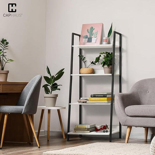 CAPHAUS 4 Tier Ladder Bookshelf, 24 Inch Width Free Standing Shelf, Bookcase Shelf Storage Rack Organizer, Industrial Book Shelves for Home Office, Living Room, Kitchen, White Wooden Shelves-NeatNest