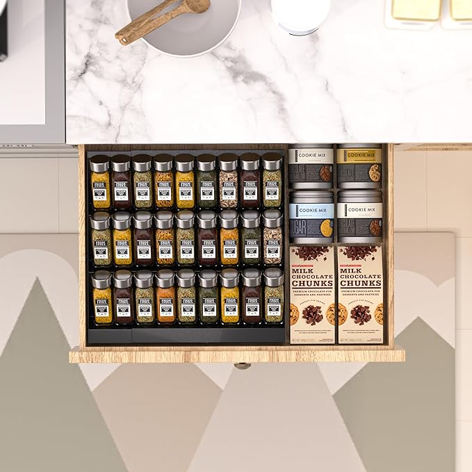 Expandable Metal Spice Drawer Organizer,3-Tier Slanted Seasoning Jars Tray for Kitchen Cabinet Drawers Insert/Countertop (Jars not included)-3Tier,1pack/Black-NeatNest