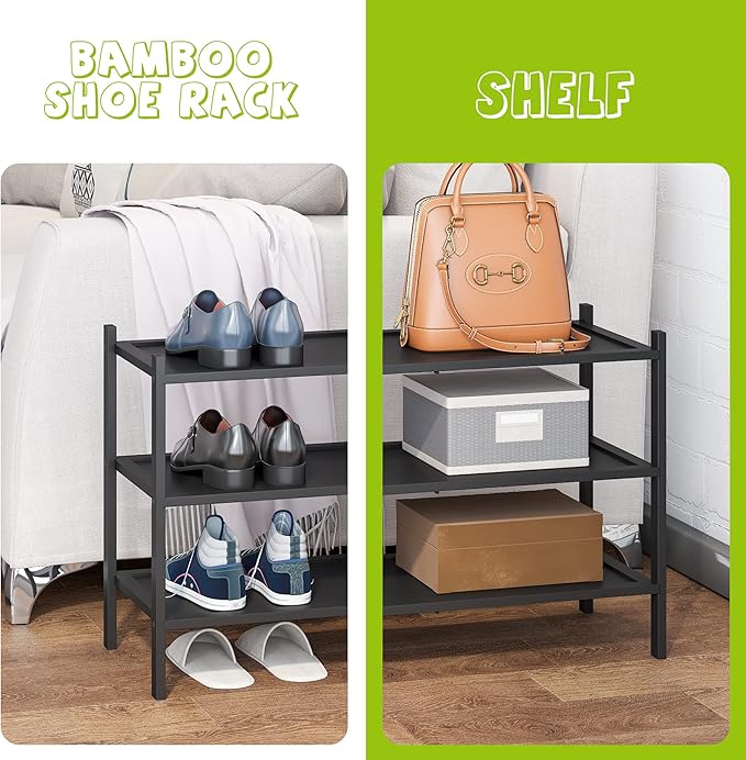 BMOSU 3-Tier Bamboo Shoe Rack Premium Stackable Shoe Shelf Storage Organizer for Hallway Closet Living Room Entryway Organizer(Black)-NeatNest