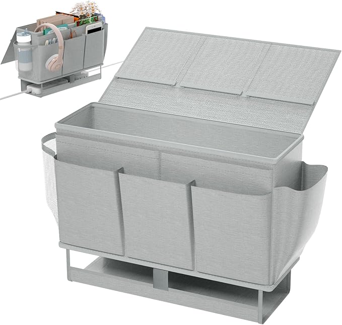 Bedside Caddy, Bed Organizer with 11 Pockets and Power Strip Holder,Versatile Bedside Storage Caddy for Home,Dorm,Bunk,Hospital,Crib Bed (Grey)-NeatNest