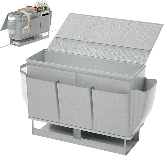 Bedside Caddy, Bed Organizer with 11 Pockets and Power Strip Holder,Versatile Bedside Storage Caddy for Home,Dorm,Bunk,Hospital,Crib Bed (Grey)-NeatNest