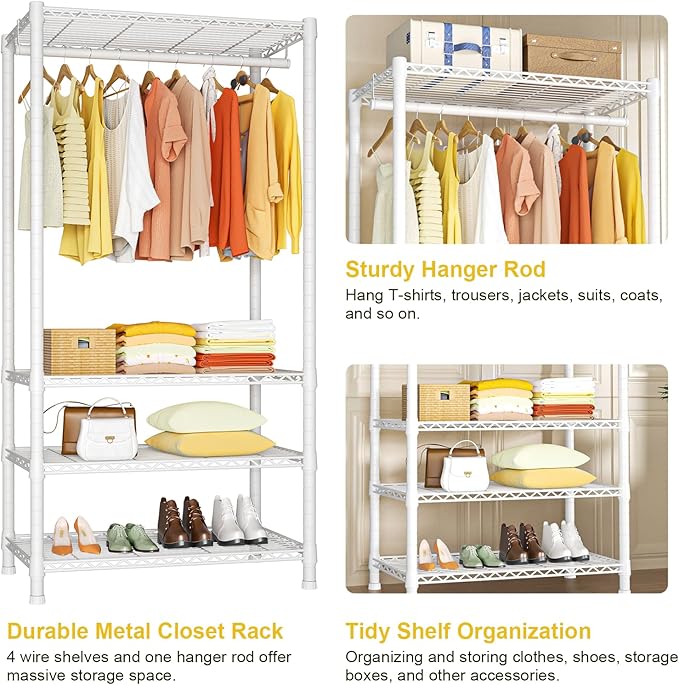 Ulif H2 Heavy-Duty Portable Closets, 4-Tier Freestanding Garment Rack Suit for Small Space and Corner, Closet Organizer System Portable Closet Wardrobe, Max Load 500 LBS, White-NeatNest