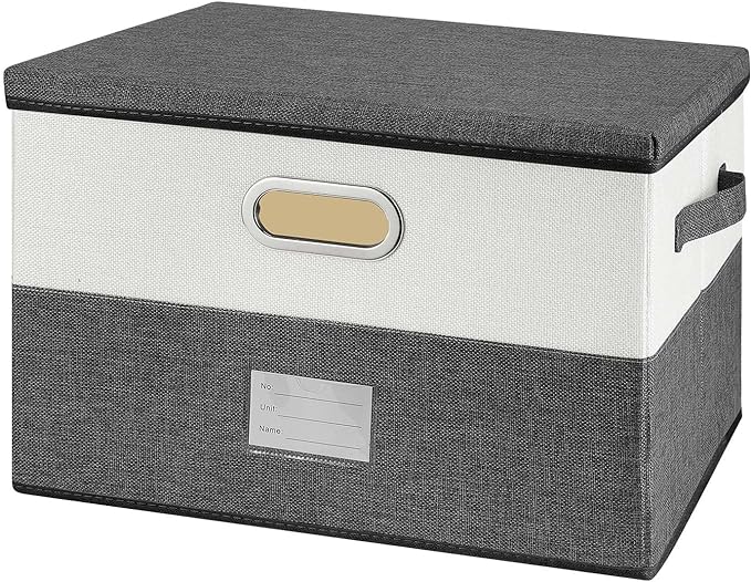 Large Linen Fabric Foldable Storage Bins with Removable Lid and Handles, Washable Storage Box Organizer Containers Baskets Cube with Cover for Bedroom,Closet,Office,Nursery(Grey&Cream, Medium)-NeatNest