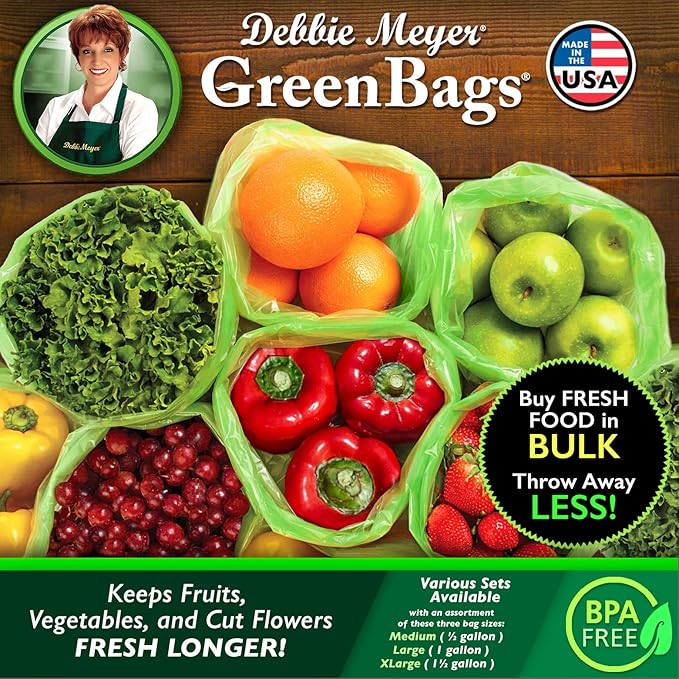 Debbie Meyer, GreenBags 40-Pack (16M, 16L, 8XL) | Reusable Storage Bags Keeps Fruit, Vegetables, Produce, Cut Flowers Fresh Longer, Kitchen & Fridge Preservation Solution, BPA Free, Made in the USA-NeatNest