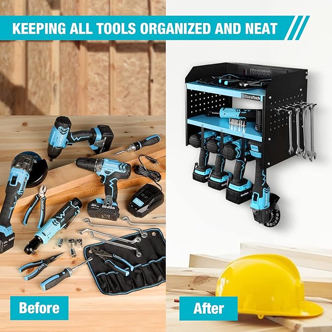 DURATECH Power Tool Organizer Wall Mount with Power Strip, Carbon Steel, Blue, 16.8in Width, 10.9in Depth, 14in Height