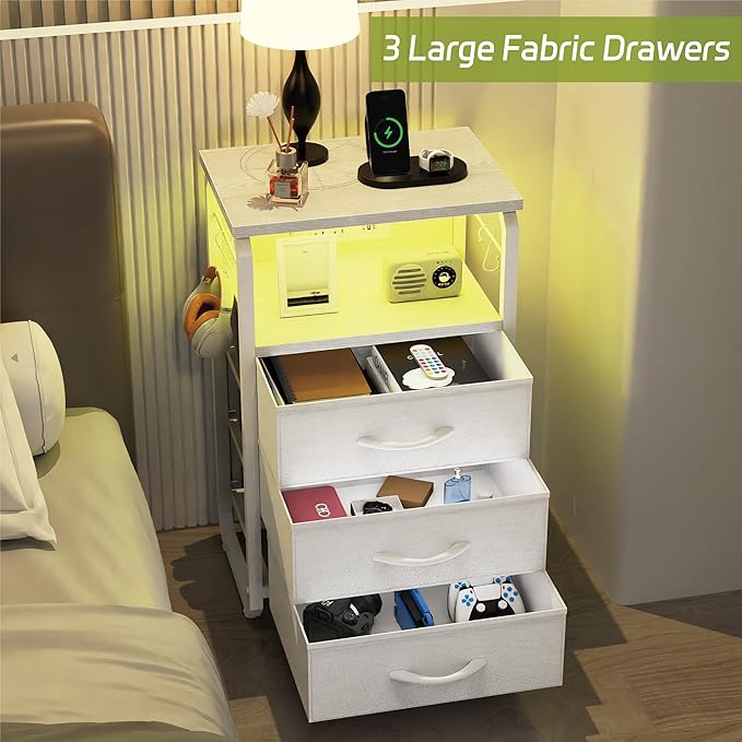 Bed Side Table with 3 Fabric Drawers, White Night Stand, LED Nightstand with Hooks, Bedside Table with Charging Station, End Table with Storage, Night Table for Living Room, Bedroom, Dorm-NeatNest