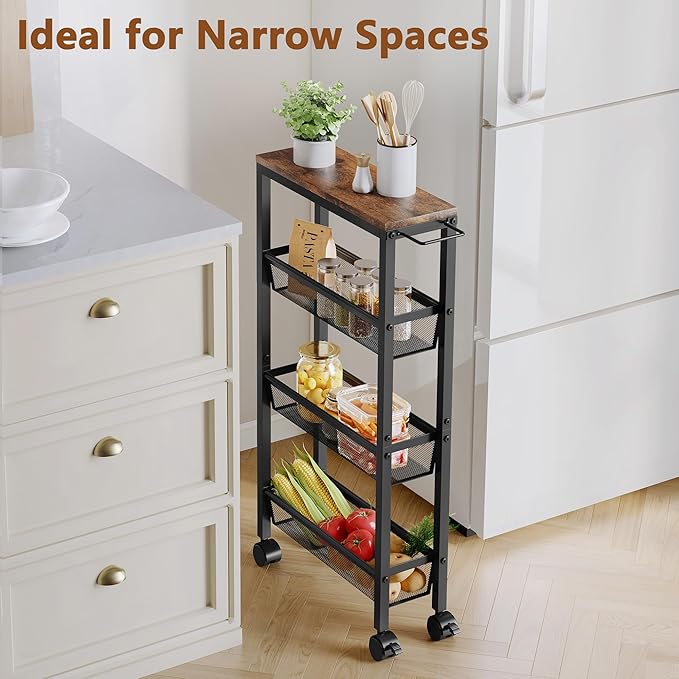 Hoctieon Slim Rolling Storage Cart, 4-Tier Narrow Kitchen Storage Cart with Handle & Wheels, Mobile Shelving Unit, Wooden Top & Metal Frame, Utility Cart for Kitchen, Small Spaces, Rustic Brown