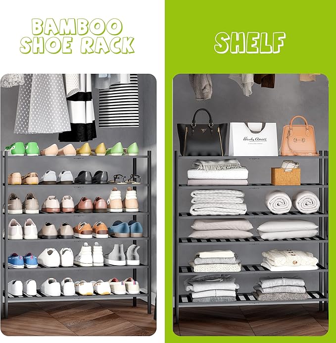 BMOSU 6-Tier Bamboo Extended Shoe Rack Premium Stackable Shoe Shelf Storage Organizer for Hallway Closet Living Room Entryway Organizer (Black Bamboo)-NeatNest