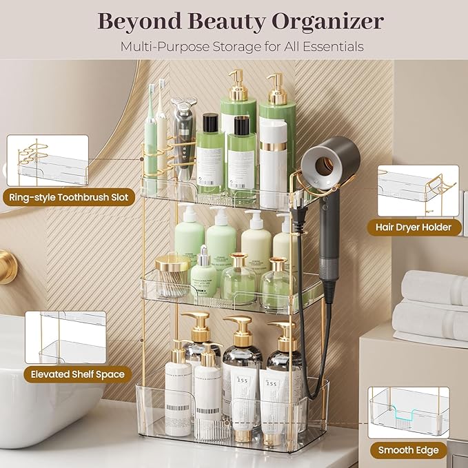 Aveniee Bathroom Counter Organizer Countertop, 3 Tier Makeup Perfume Storage with Hair Dryer Rack and Toothbrush Holder, Cosmetic Tray for Vanity - Clear-NeatNest