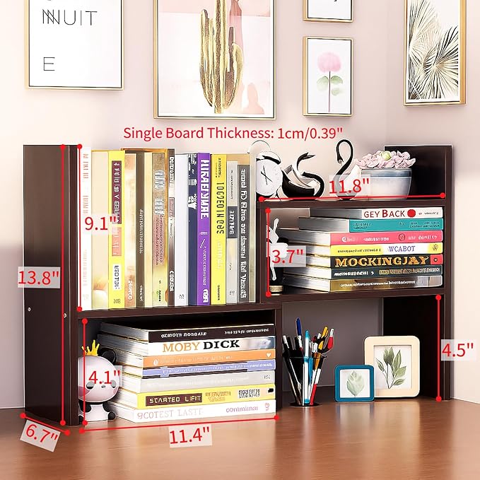 Desktop Shelf Organizer, Adjustable Wood Office Storage Rack, Counter Display Small Bookshelf for Home/Office/School(Dark Walnut)-NeatNest