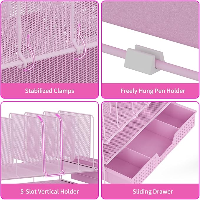 Desk Organizer, Office Organization with Vertical File Holder, File Organizer with Drawer and Pen Holder, Desk Accessories and Workspace Organizers for Home Office (Pink)-NeatNest