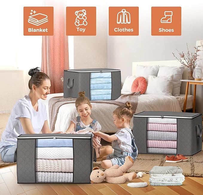 Budding Joy 90 L Large Storage Bags, 10 Pack Clothes Storage Bins Foldable Closet Organizers Storage Containers with Reinforced Handle for Clothing, Blanket, Comforters, Bed Sheets, Pillows (Gray)-NeatNest