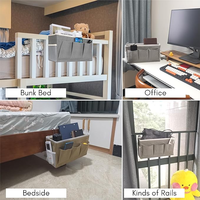 Beside Caddy Storage Organizer, Hanging Bag Holder with Pockets for Bedroom, Loft Bed Tent, Bed Curtain, Top Bunk bed Shelf Accessories Bedside Caddy 3-pocket (Gray_1pcs)-NeatNest