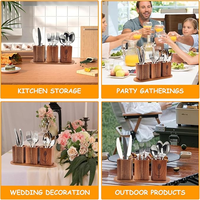 3Pcs Silverware Caddy for Patry, Utensil Holder for Countertop, Silverware Holder Flatware Organizers with tray, Portable Organizer with Wood Tray, Spoon and Fork Holder (Acacia mangium)-NeatNest