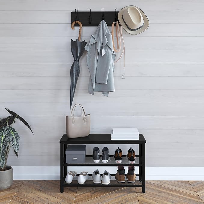 HBCY Creations Blackwash Solid Pine Wood 3-Tier Entryway Shoe Rack Bench with Metal Mesh Shelves, for Entryway, Mudroom, or Bedroom, and More!-NeatNest