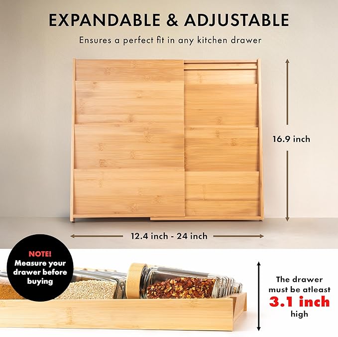 Bamboo Spice Drawer Organizer - Expandable 4 Tier Spice Rack (Need 3" Deep Drawer) 12" to 24" Wide, Seasoning Organizer, Organization Seasoning Rack insert (Jars Not Included)-NeatNest