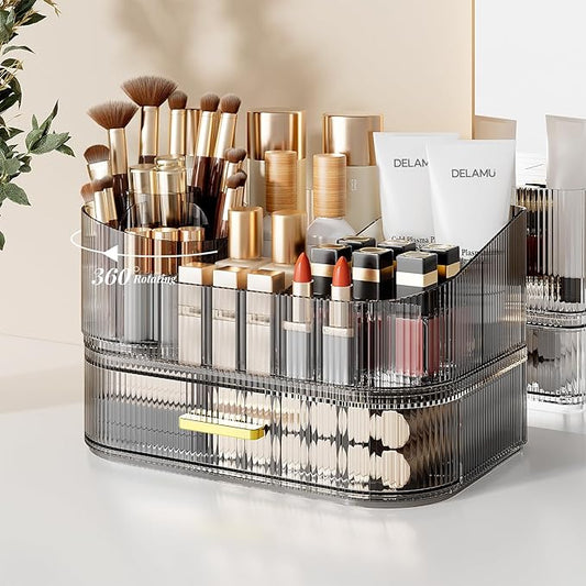 Delamu Makeup Organizer for Vanity with Stackable Drawers, 360 Rotating Makeup Brush Holder Large Cosmetic Display Case for Dresser, Bathroom Countertop Skincare Organizers and Storage, Crystal Black-NeatNest