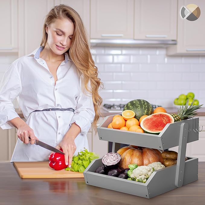 Bamboo 2 Tier Fruit Basket for Kitchen Counter, Large Capacity Fruit Storage Countertop, Fruit Holder, Wood Pantry Organizers and Storage, Kitchen Countertop Organizer With Two Banana Hangers (Grey)