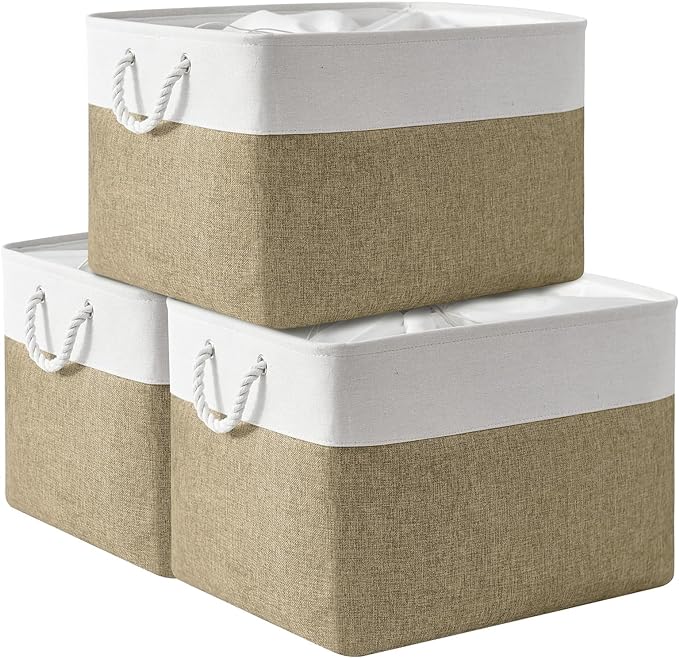 TheWarmHome Organization Basket - 20x16x14 inch Jumbo 3 Pack Collapsible Storage Bins for Shelves, Fabric Storage Cubes for Closet Organizer Gift Toy (White & Khaki)-NeatNest