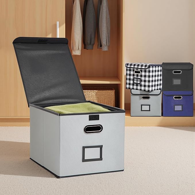 File Organizer Box, Linen Filing Organizer with Lid, Large Desktop File Boxes, Light Grey,1 Pack