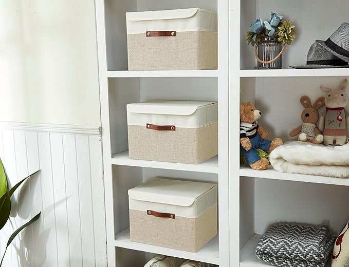 DECOMOMO Fabric Storage Bins with Lid, Storage Baskets for Shelves Toy Box (Beige and White, 3 Pack)-NeatNest