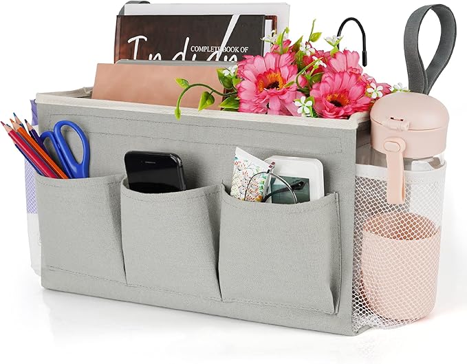 Bedside Storage Organizer with Fixed Straps and Water Bottle Holder for Home, College, Dorm, Bunk / Hospital Bed, Crib Bed Rails (Grey)-NeatNest