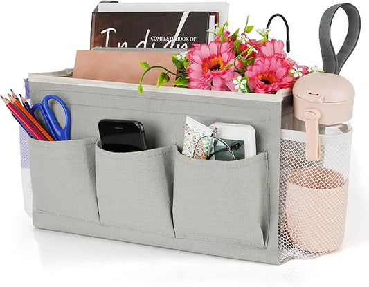 Bedside Storage Organizer with Fixed Straps and Water Bottle Holder for Home, College, Dorm, Bunk / Hospital Bed, Crib Bed Rails (Grey)-NeatNest