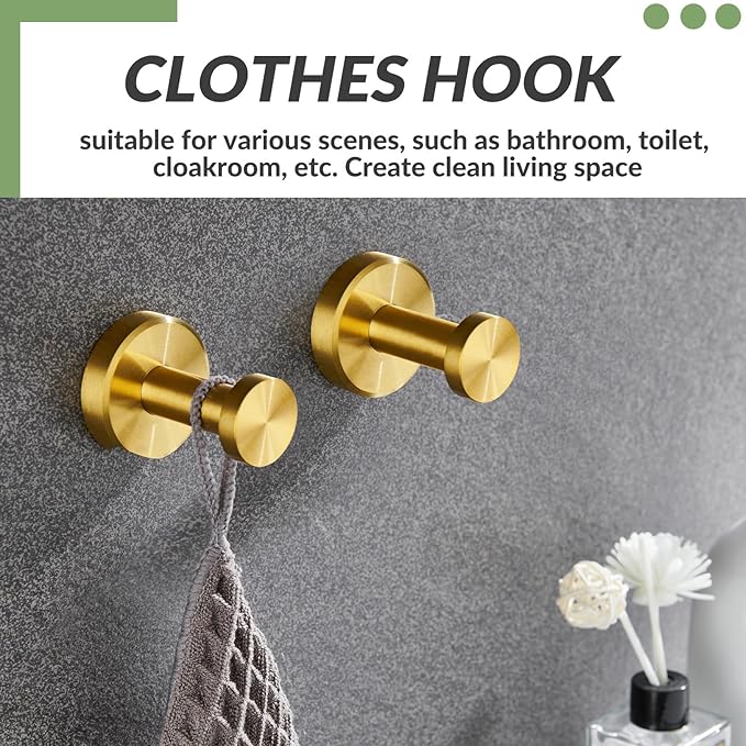 APLusee Brushed Gold Bathroom Towel Hooks 2 Pack, 304 Stainless Steel Robe Hooks for Kitchen Garage, Wall Mounted