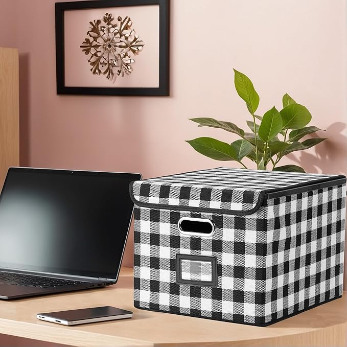 File Organizer Box, Linen Filing Organizer with Lid, Large Desktop File Boxes, Black and White Lattice