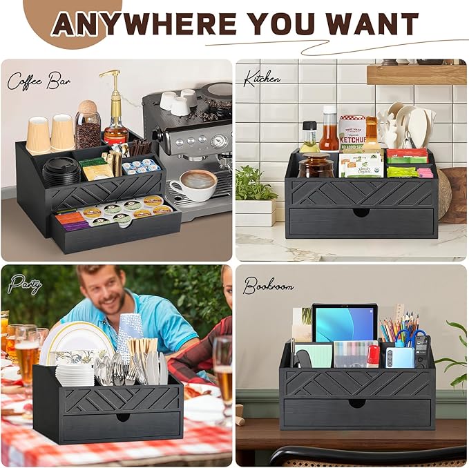 Farmhouse Coffee Bar Accessories Organizer - Countertop Coffee Station with Drawer, Pod Holder & Condiment Organizer (Black)-NeatNest