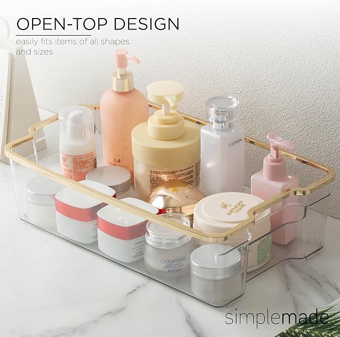 SIMPLEMADE Clear Refrigerator Organizer Bins - Clear Bins for Fridge, Containers for Fridge and Freezer, Multipurpose Storage for Kitchen, Office, Bathroom, Gold Rim (8.5" x 14.6")