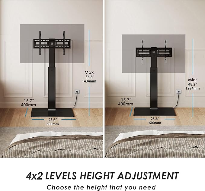 FITUEYES Floor TV Stand for 32-75 inch TV with Power Outlet, Tall TV Stand for Bedroom Living Room with Tempered Glass Base, Floor TV Mount Holds Up to 88lbs MAX VESA 600x400mm,Black-NeatNest