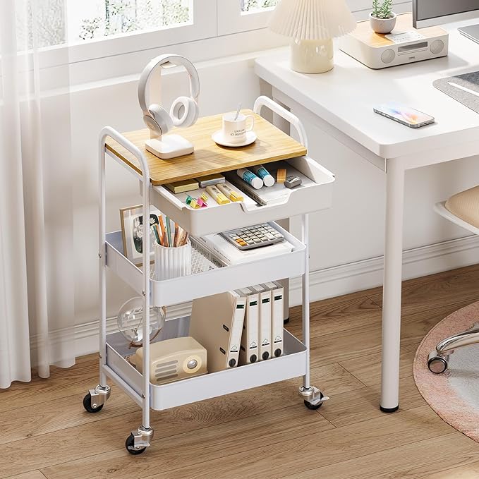TOOLF 3-Tier Metal Utility Rolling Cart with Drawer and Wooden Table Top, Storage Cart White Trolley Kitchen Organizer Rolling Desk with Locking Wheels for Office, Classroom, Home, Bedroom-NeatNest