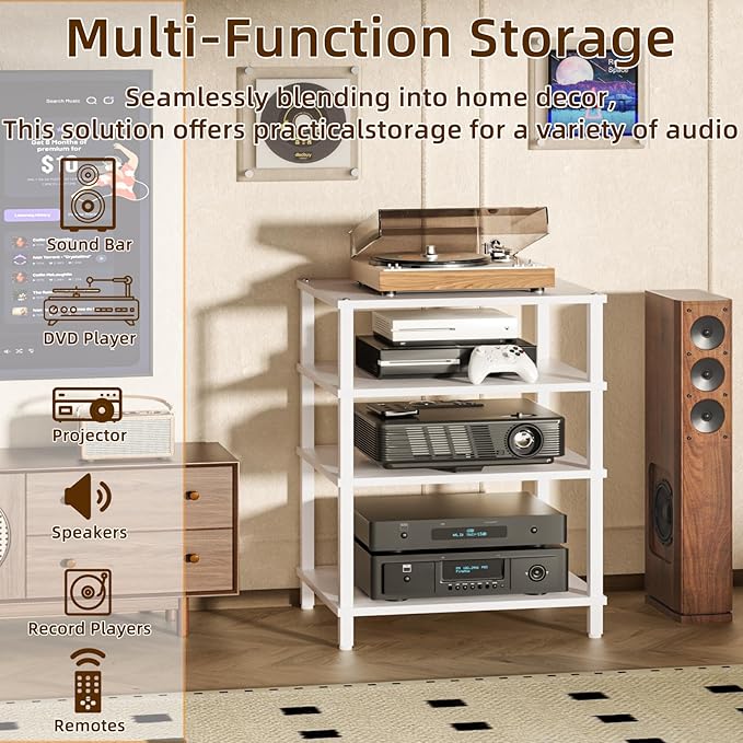 4-Tier AV Media Player Stand, White Stereo Cabinet, Modern Stereo Cabinet, Wooden TV Stand,Game Console Shelf, Multifunctional Entertainment Center, Suitable for Home, Conference Room, Game Studio,-NeatNest