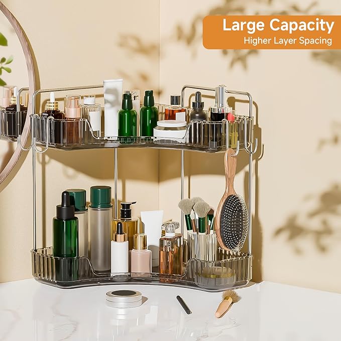 Makeup Organizer for Vanity 2 Tier Bathroom Organizers and Storage Countertop with Hooks Skin Care Exquisite Vanity Organizers Corner Bathroom Counter Storage-Cray-NeatNest