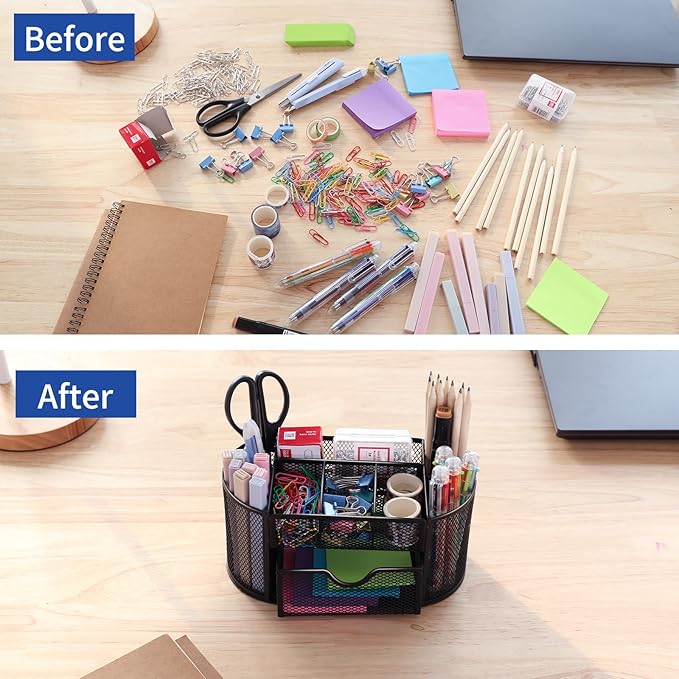 EOOUT Desk Organizer, Pencil Holder for Desk, Mesh Office Desk Accessories with 8 Compartments and 1 Drawer Stationery Holder School Supplies-NeatNest