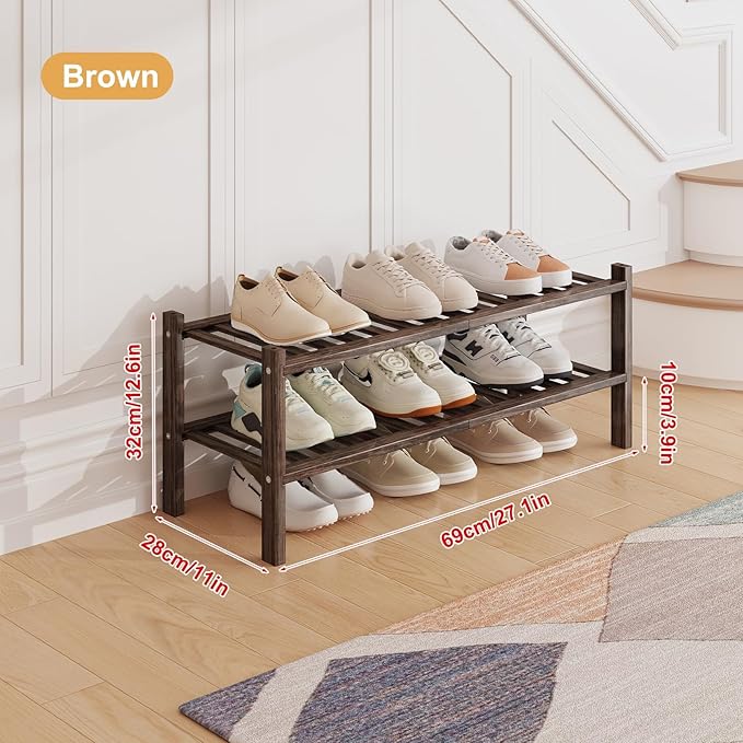 Bamboo Shoe Rack Organizer for Closet and Entryway - Space-Saving Narrow Shoe Stand - Versatile Shoe Holder for Door or Closet Shelf,Garage Bedroom can Freely Stack DIY Small Shoe Racks 2Tier Brown-NeatNest