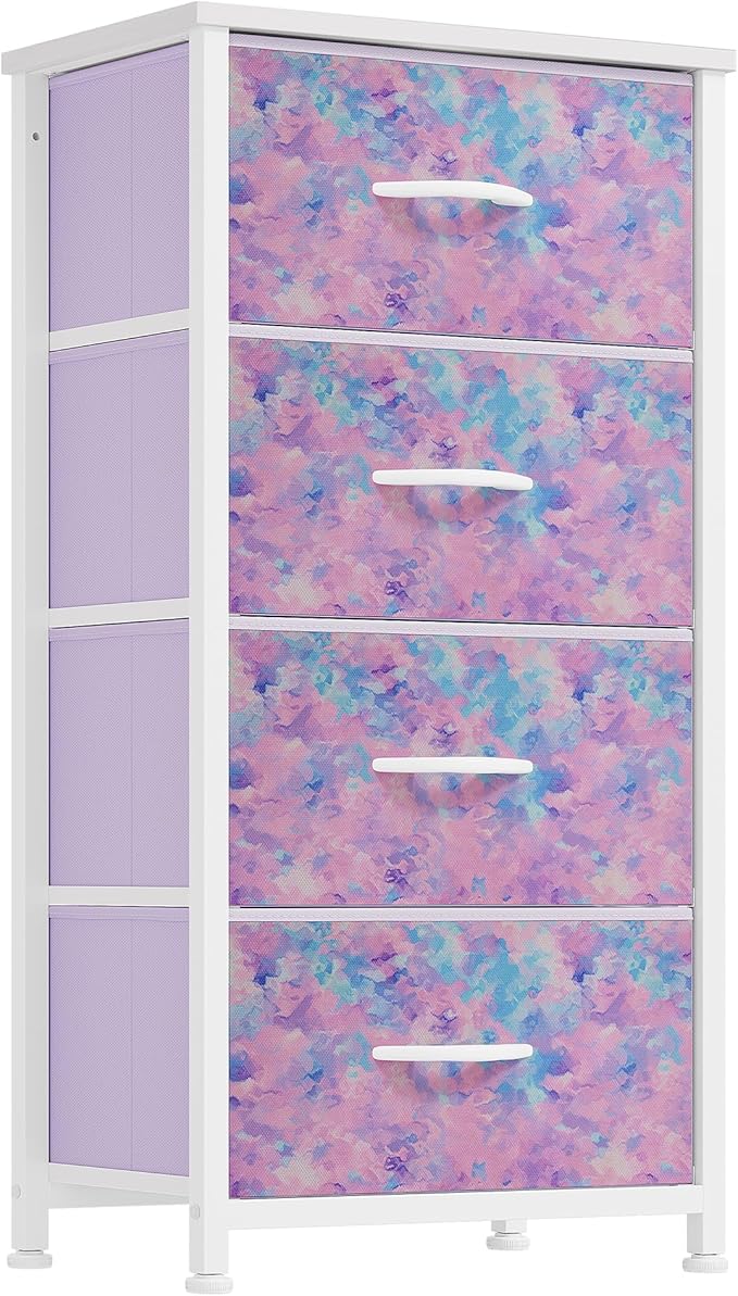 DWVO Dresser with 4 Drawers - Storage Tower Unit, Dresser for Bedroom, Living Room, Closets - Sturdy Steel Frame, Wooden Top & Easy Pull Fabric Bins, Purple-NeatNest
