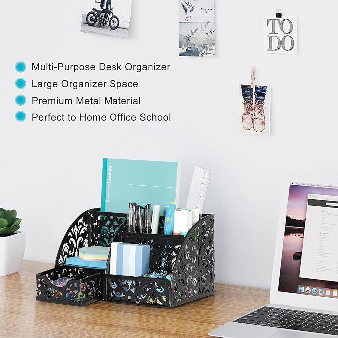 EasyPAG Desk Organizer with Sliding Drawer - 6 Compartments Metal Desktop Caddy, Decorative Elegant Hollow Flower Design, Anti-Scratch Pads for Home, Office, School, Black-NeatNest
