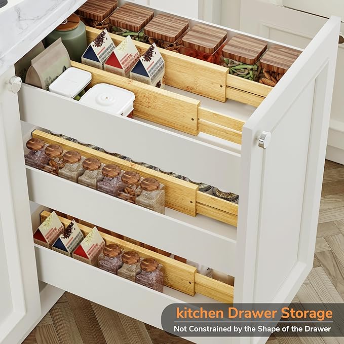 BAMEOS 3" H Bamboo Drawer Dividers - Adjustable Expandable Drawer Organizer - Kitchen, Bathroom, Bedroom & Office, 4-pack-NeatNest