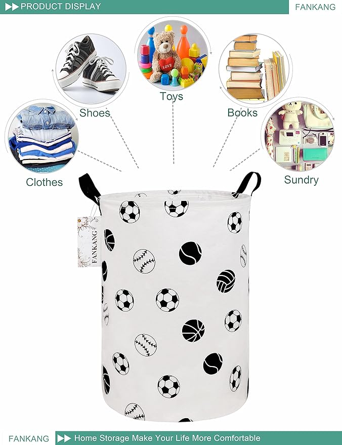 FANKANG Storage Basket, Nursery Hamper Canvas Laundry Basket Foldable with Waterproof PE Coating Large Storage Baskets for Kids Boys and Girls, Office, Bedroom, Clothes,Toys(Football)