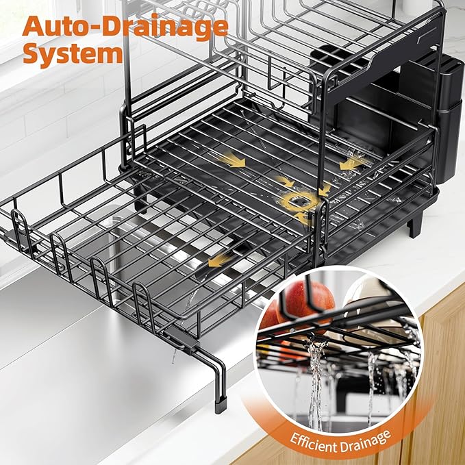 Extendable Dish Drying Rack, Multifunction Dish Rack for Kitchen Counter, Expandable Dish Drainer Over Sink, Large Dish Strainer with Cups Holder, 2 Tier Black