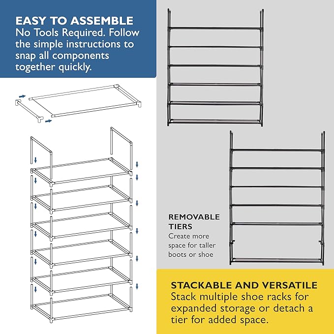 Sundaze Shoe Rack - 6 Tier Shoe Rack for Front Door Entrance, Sturdy Tall Shoe Organizer for Closet, Bedroom, Entryway, Garage, Non Woven Fabric Shelf, Black, Holds Up to 30 Pairs-NeatNest