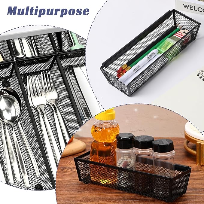 10 Pack Silverware Drawer Organizer 9 x 3 x 2 Inch Mesh Utensil Organizer for Kitchen Drawers with Interlocking Arm for Flatware Knives Spoons Fork Cosmetic Utensil Tabletop Storage Tray