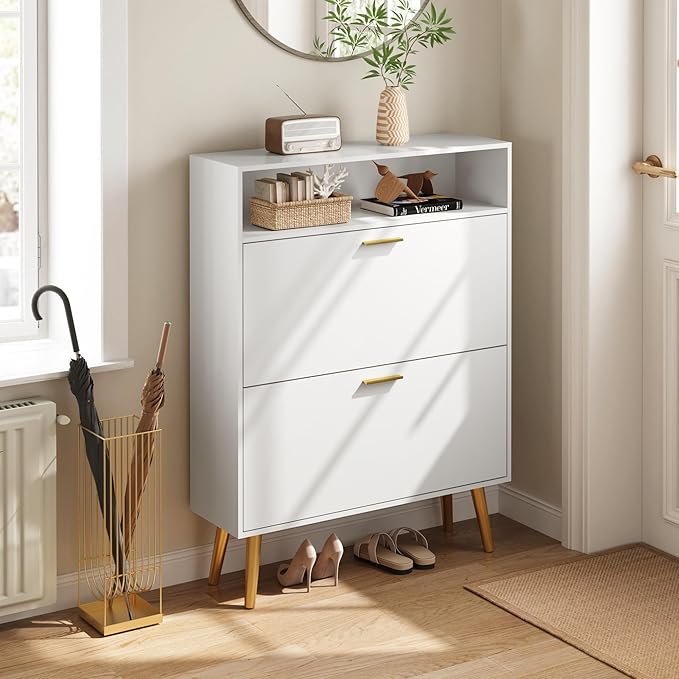 Entryway Shoe Cabinet, White Shoe Storage Cabinet with 2 Flip Doors and Shelf, Narrow Hidden Shoe Organizer Cabinet Slim, Freestanding Shoe Rack for Entryway, White-NeatNest